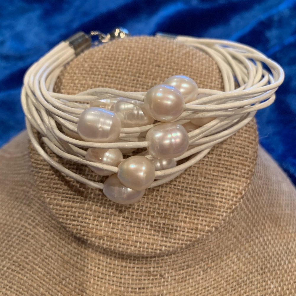 15 Strand White Leather Pearl Bracelet